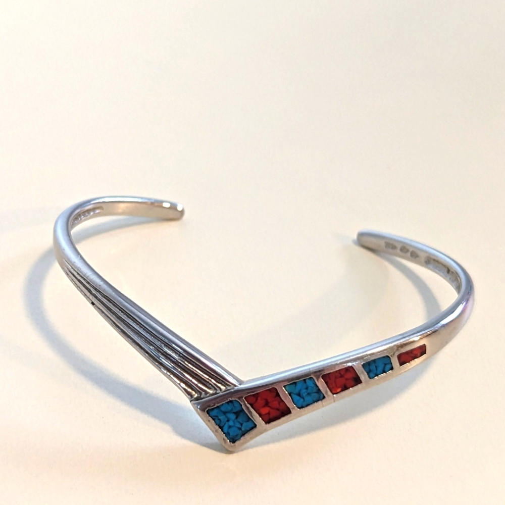 Sterling Silver Zuni Cuff Bracelet with Channel Set Crushed Turquoise and Coral